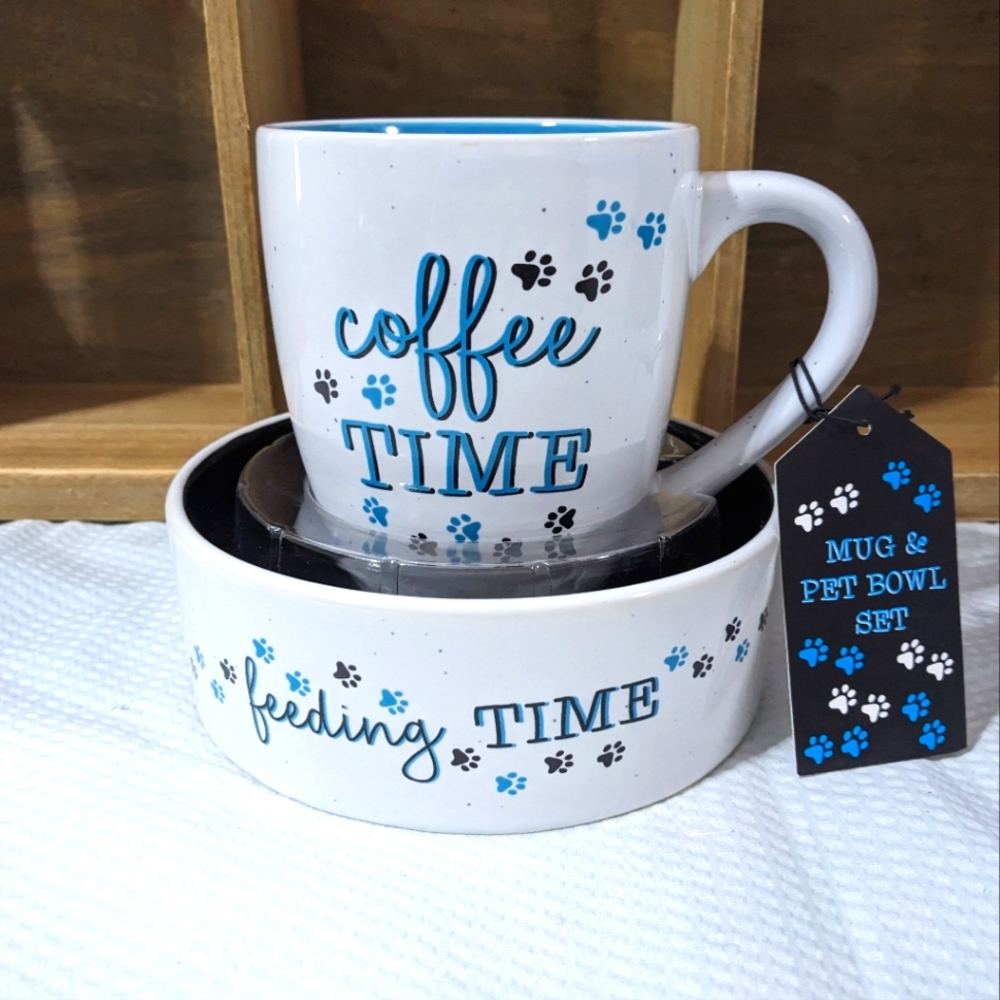 💙 Coffee Time & 🐾 Feeding Time Pet Mug Bowl Set NEW